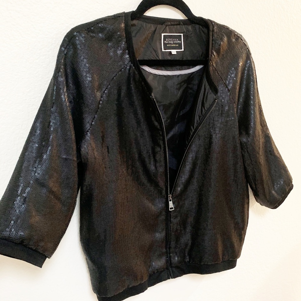 BERSHKA | Womens Black Sequin Zip Up Jacket M